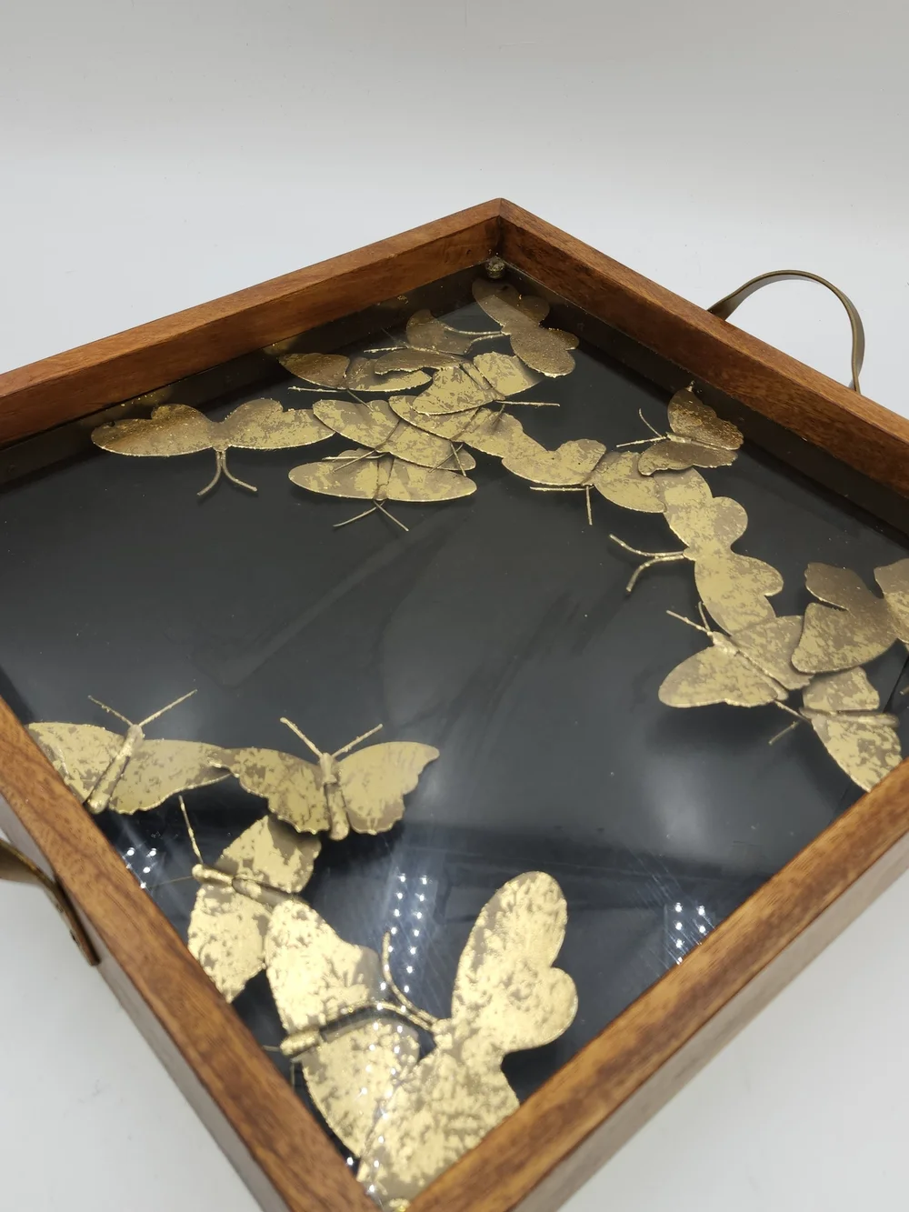Peir 1 Vintage Gold Butterfly Serving Tray Glass Top Wood Frame Brass Handles